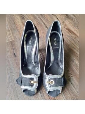 Fendi Black and Silver Buckle Open Toe Heel Size 8.5